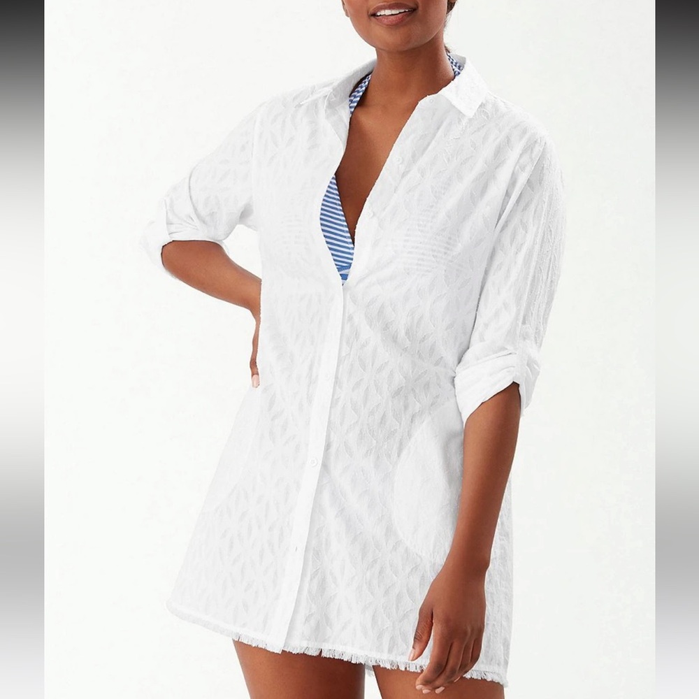 Tommy Bahama Cotton Clip Jacquard Burnout Boyfriend Swim Cover Up Shirt
